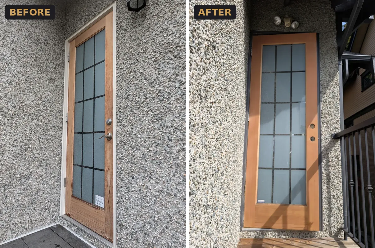 Weathered wood-and-glass side door before and refinished natural wood door after on a stucco duplex in Kitsilano
