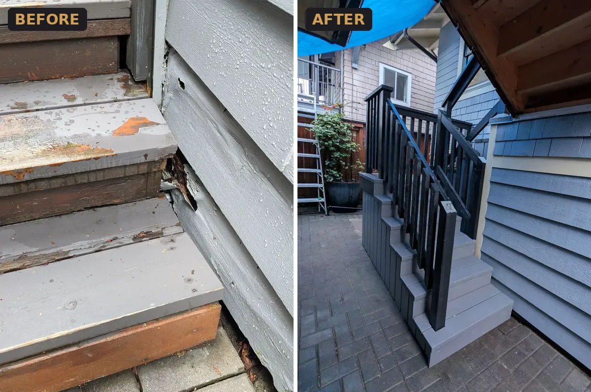 Rotted back stair tread and siding corner before, and rebuilt back stairs with black railings and new grey siding after, Kensington-Cedar Cottage