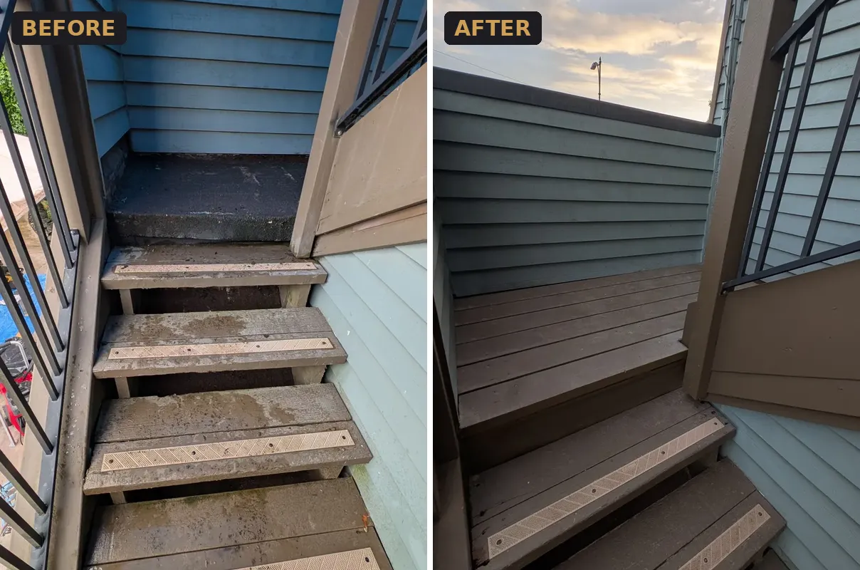 Worn exterior stairwell before and rebuilt exterior stairs after, West Point Grey, Vancouver