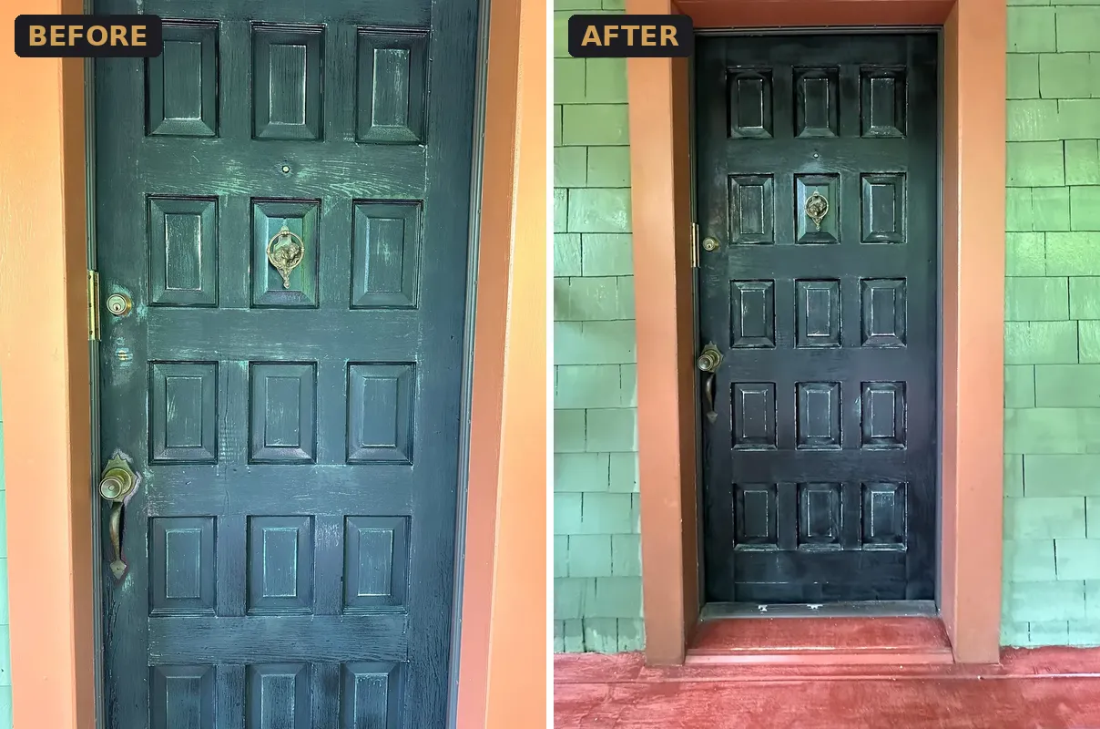 Teal panelled front door before and the same door painted black after, Riley Park, Vancouver