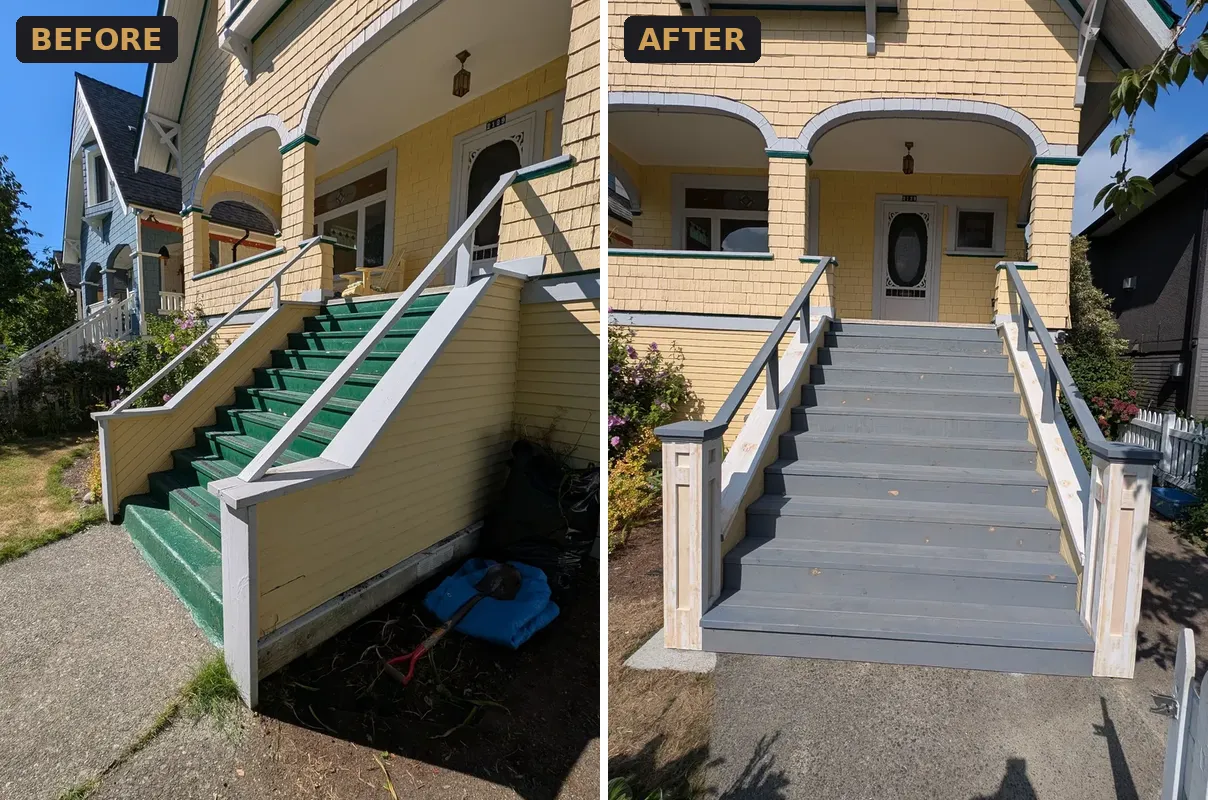 Painted green front stairs before and rebuilt grey front staircase with new newel posts after on a yellow heritage-style house in Grandview-Woodland