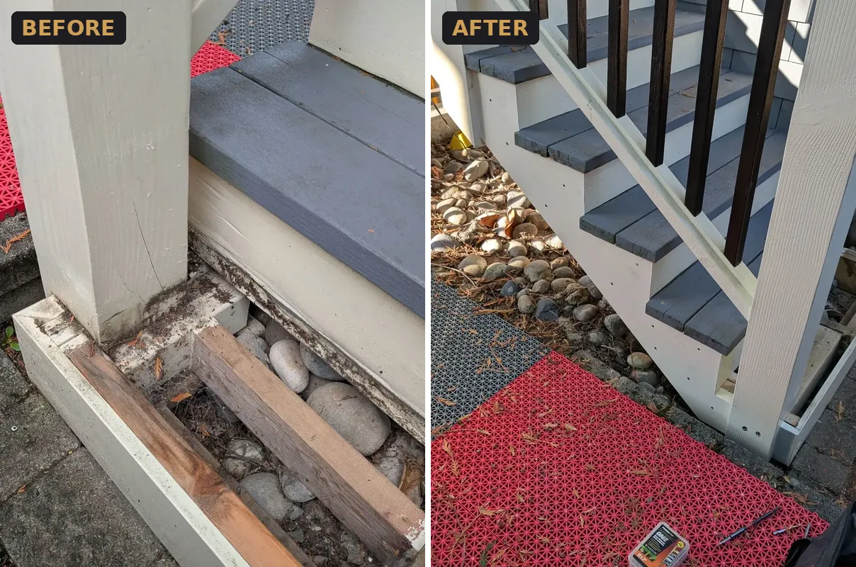 Rotted rear stair post base before repair and finished rear staircase with grey treads after, Kitsilano