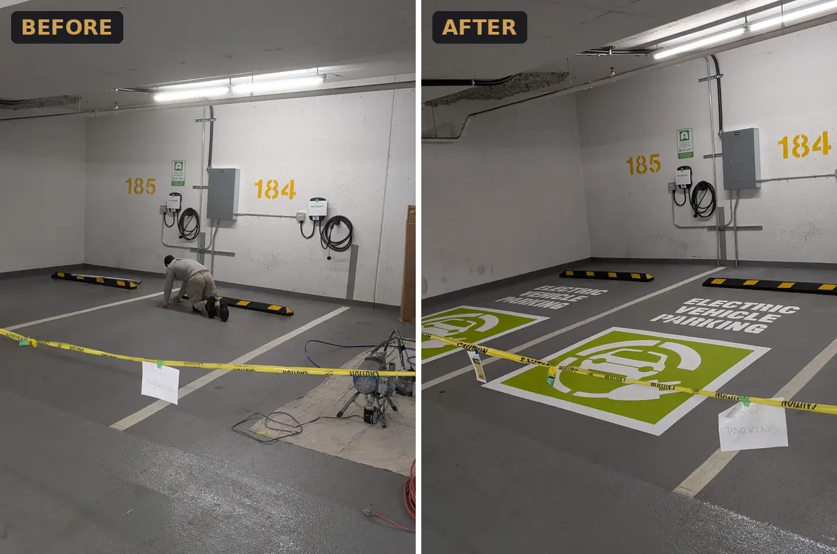 Parkade EV parking stalls taped off before and finished with green coating and EV stencils after, Kerrisdale, Vancouver