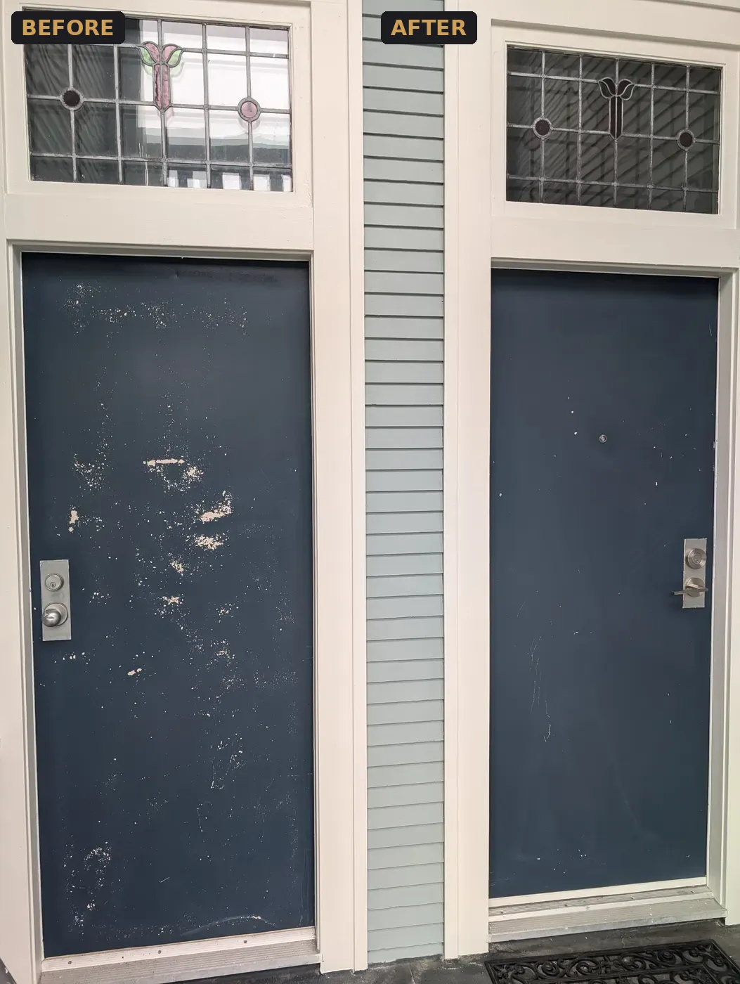 Two scuffed navy front doors before and after repainting on a Kitsilano duplex