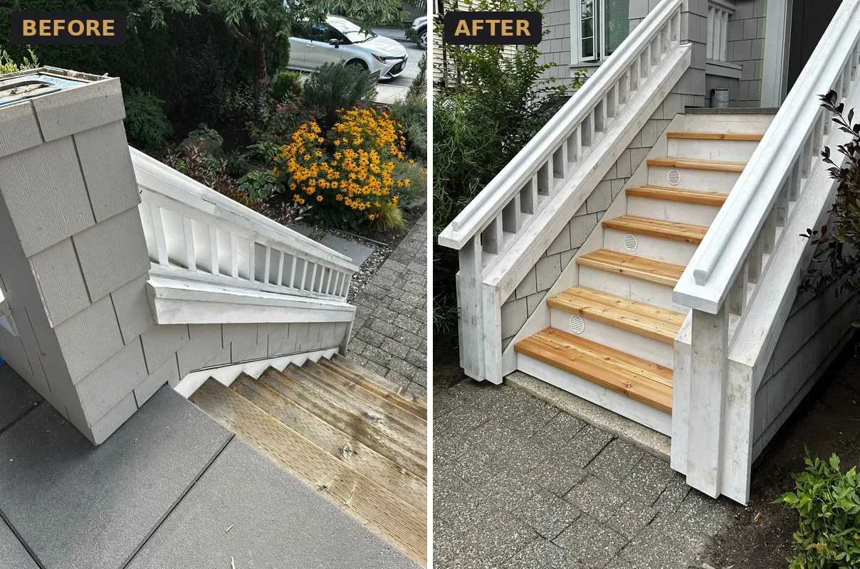 Worn white front porch stairs before, and rebuilt stairs with new cedar treads and white railings after, on a Kitsilano house