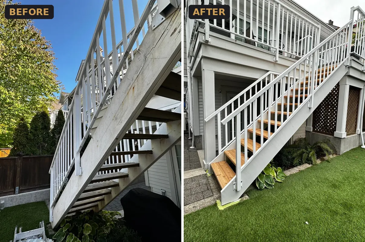 Weathered rear deck stairs before and rebuilt rear stairs with new cedar treads after, Kitsilano, Vancouver