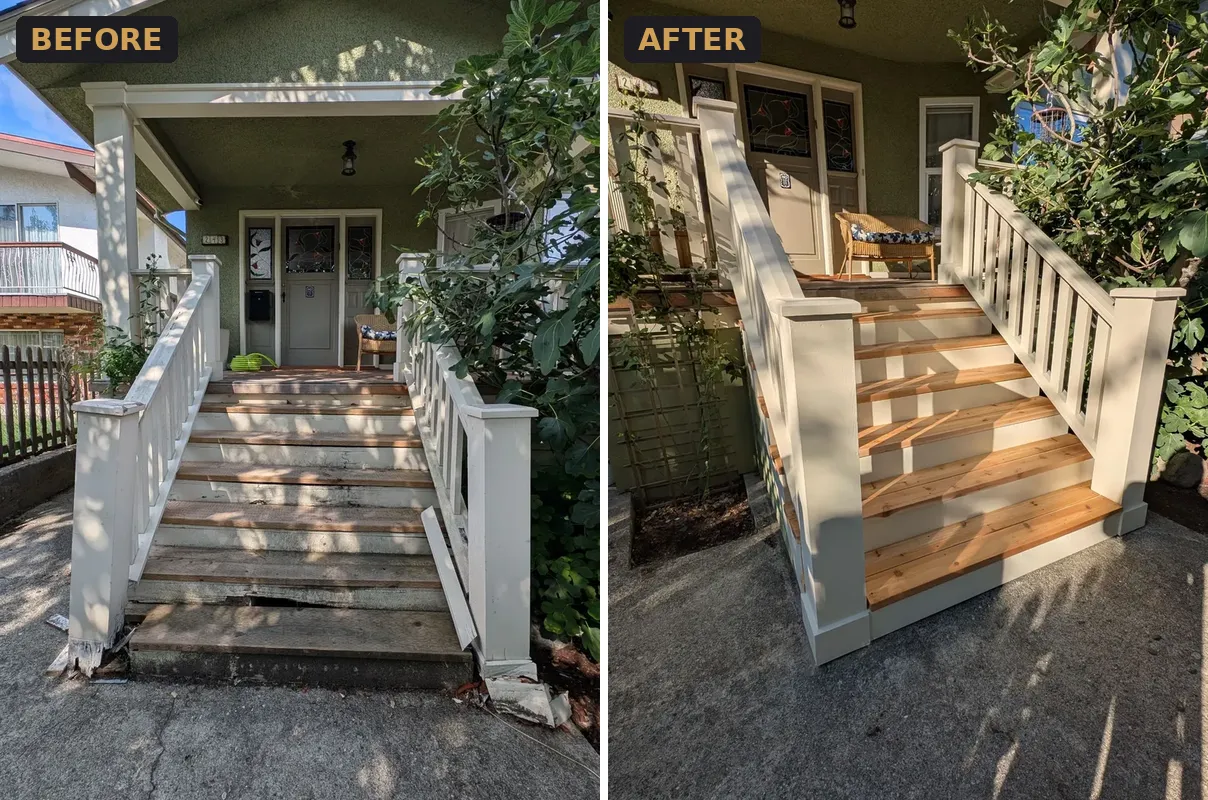 Rotted front porch stairs before and rebuilt porch stairs with cedar treads and painted posts after, Vancouver