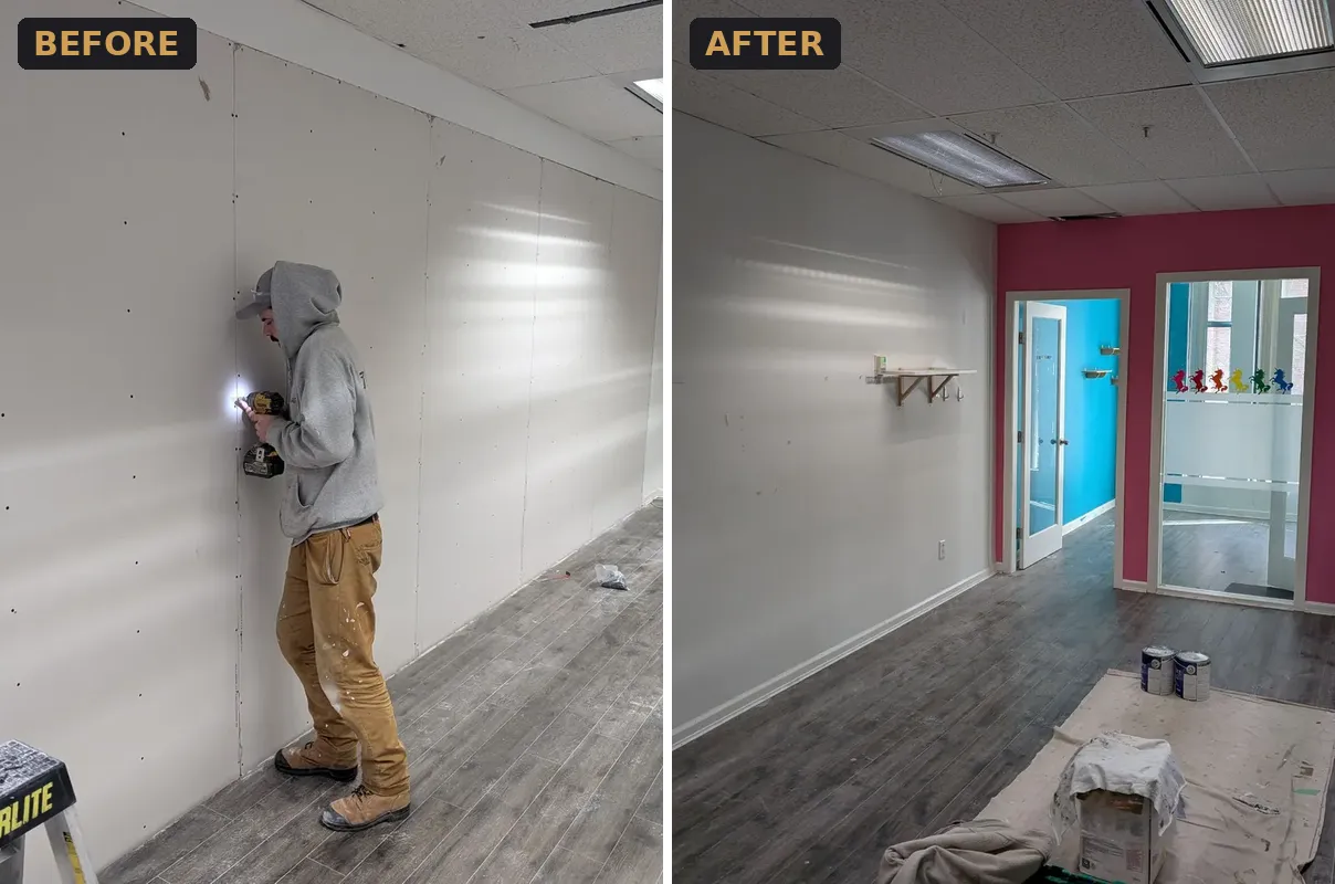 Office wall under drywall repair before, and finished office with colour accent walls after, Downtown Vancouver