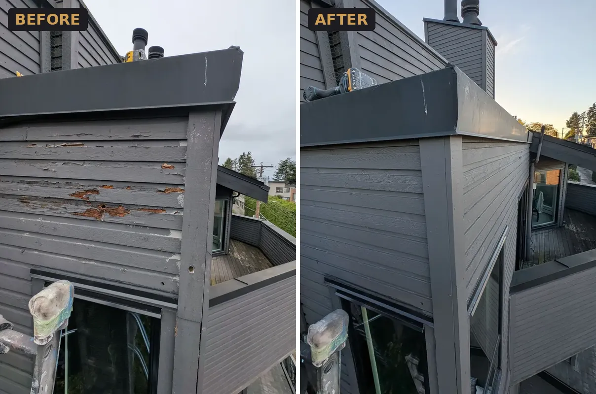 Strata building siding with peeling paint and rotted boards before, and repaired, repainted grey siding after, Kitsilano