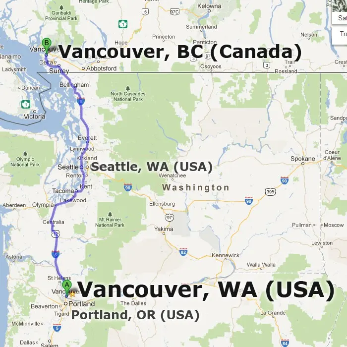 A map that shows route between Vancouver, WA and Vancouver, BC.