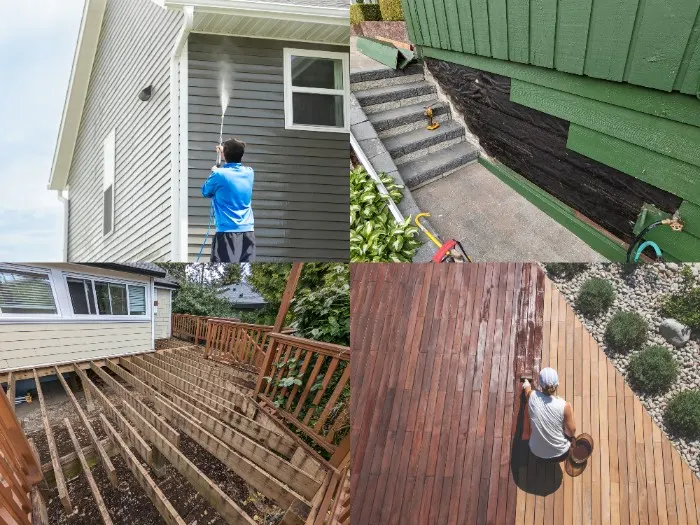 A man is washing wall, fifing siding, repairing wooden deck, and staining deck.