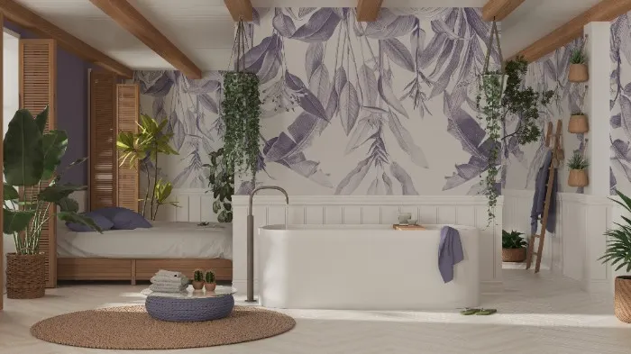 beautiful purple for your walls of your nature inspired bathroom teeming with green plants