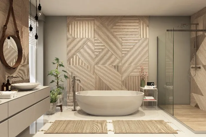Bathroom walls can be combined with wood ornaments to create a unique and stylish space.