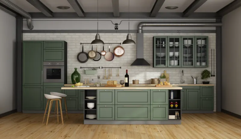 Green cabinets match with gray walls