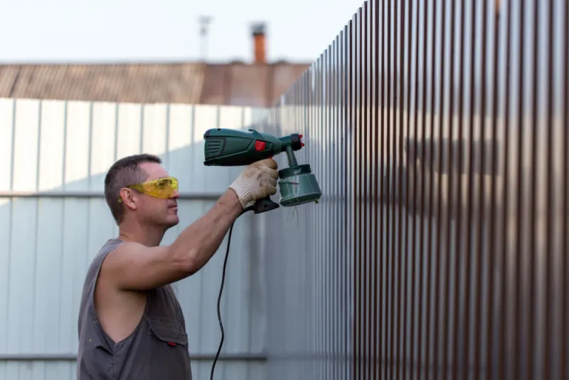 A contractor is spray painting an aluminum fence in a brown colour.