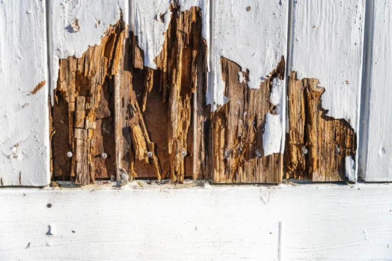 Rotted white boards in the exterior wall.