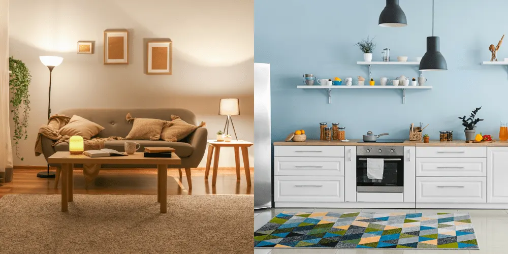 A cozy living room with warm lighting and neutral paint colors on the left, contrasted by a modern kitchen painted in a vibrant blue shade on the right, showcasing the impact of different paint colors on home ambiance.