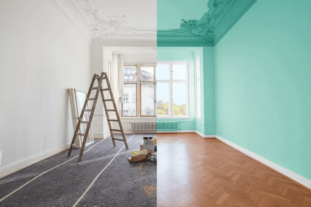 The room before and after painting from white to teal colour.