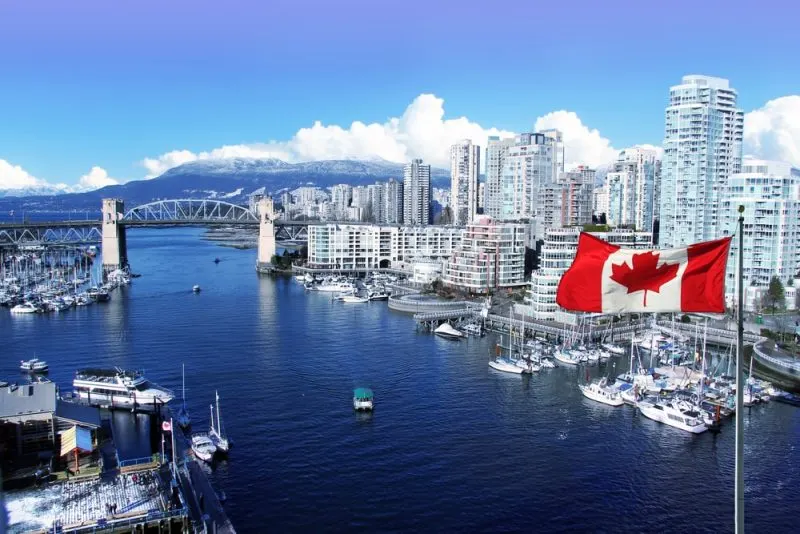 A Vancouver downtown view with the Canadian flag.