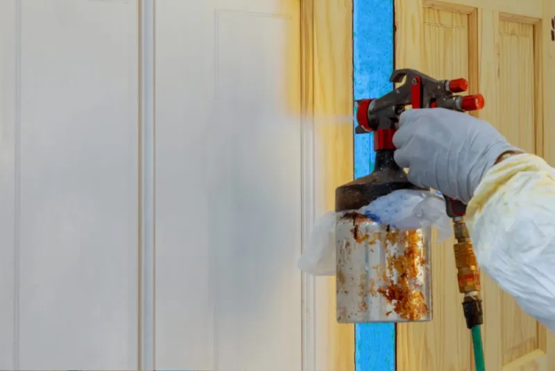 Professional home interior painter is spray painting a wooden door.