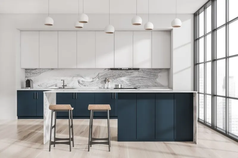 White and Gunmetal Blue Two-Tone Kitchen