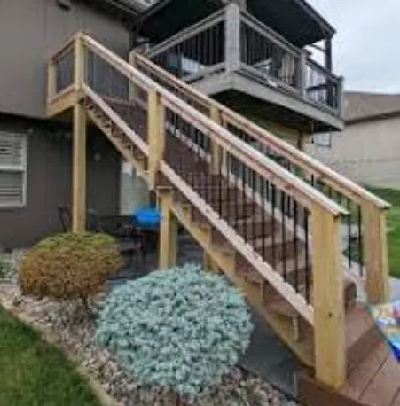 Wooden front stairs with a chill zone understairs.