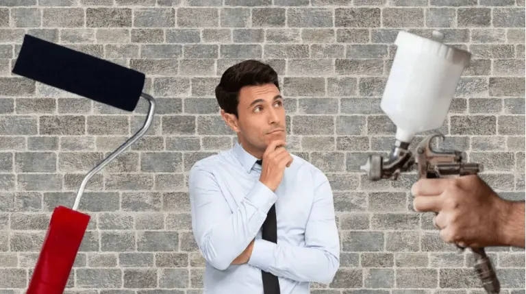 Man is deciding between spray or roll painting