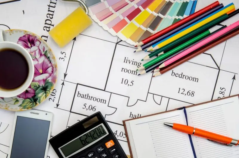 cost paint calculator with pencils and a cup of tea.