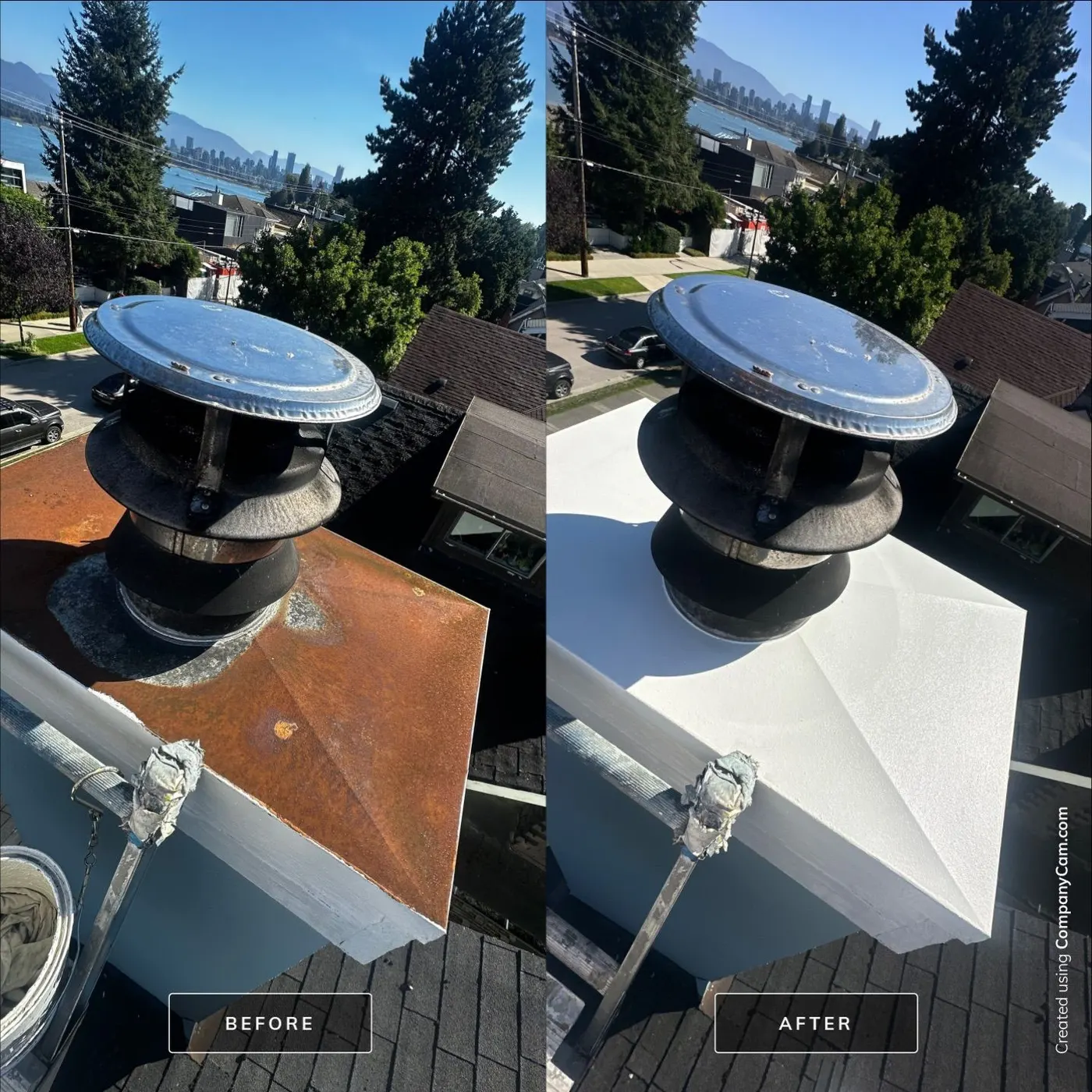 Chimney metal rain cap before and after painting in a white colour.