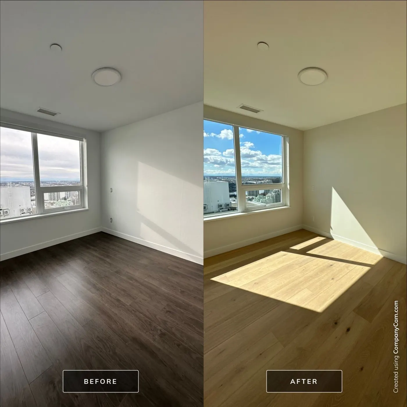 Before and after floor coating upgrade in a Vancouver garage