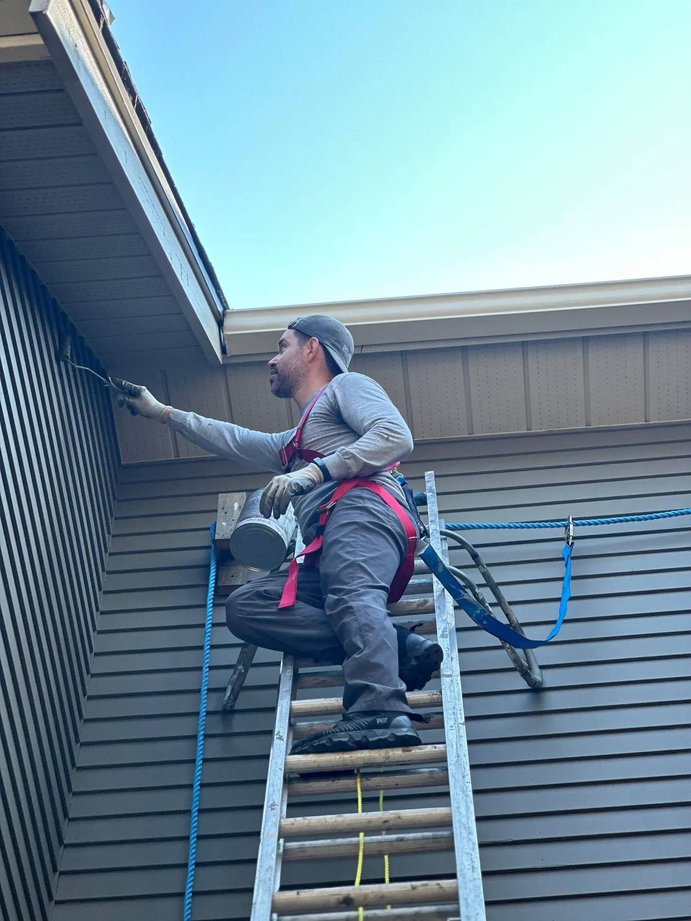 Painter on a ladder is painting a wooden siding a grey colour