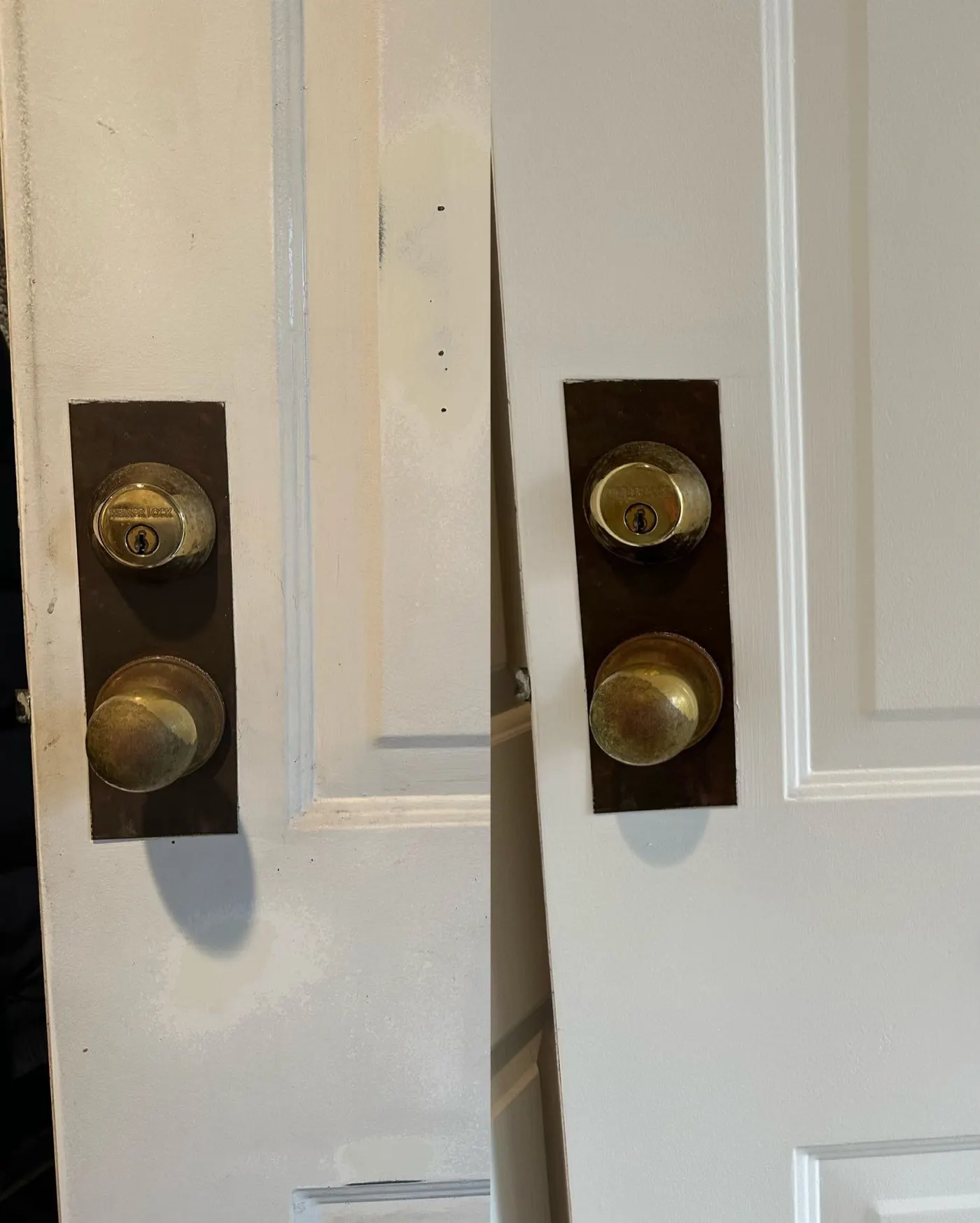 reinstalled knob before and after painting a white door.