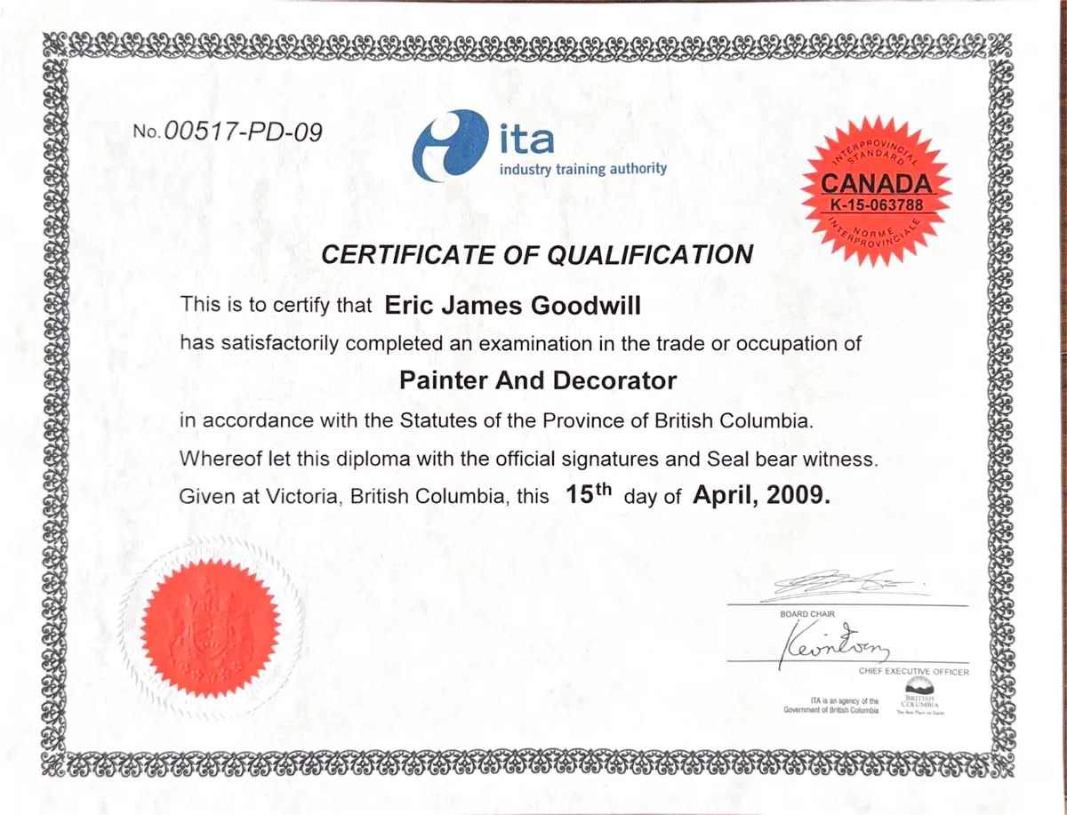 Certificate of Qualification in Painter and Decorator issued to Eric James Goodwill by the Industry Training Authority of British Columbia, with Red Seal interprovincial endorsement