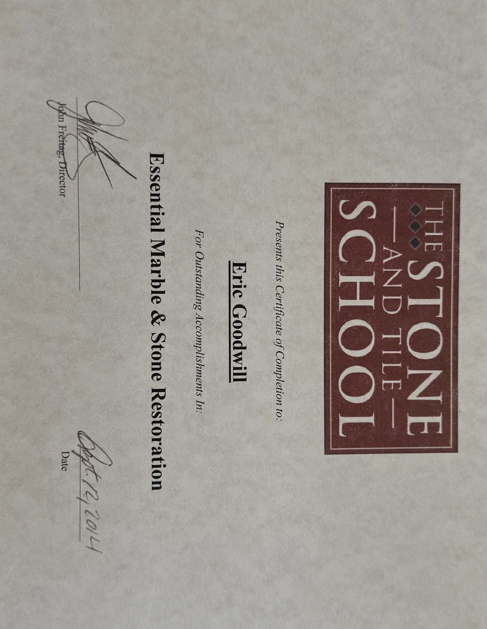 Essential Marble and Stone Restoration certificate from The Stone and Tile School