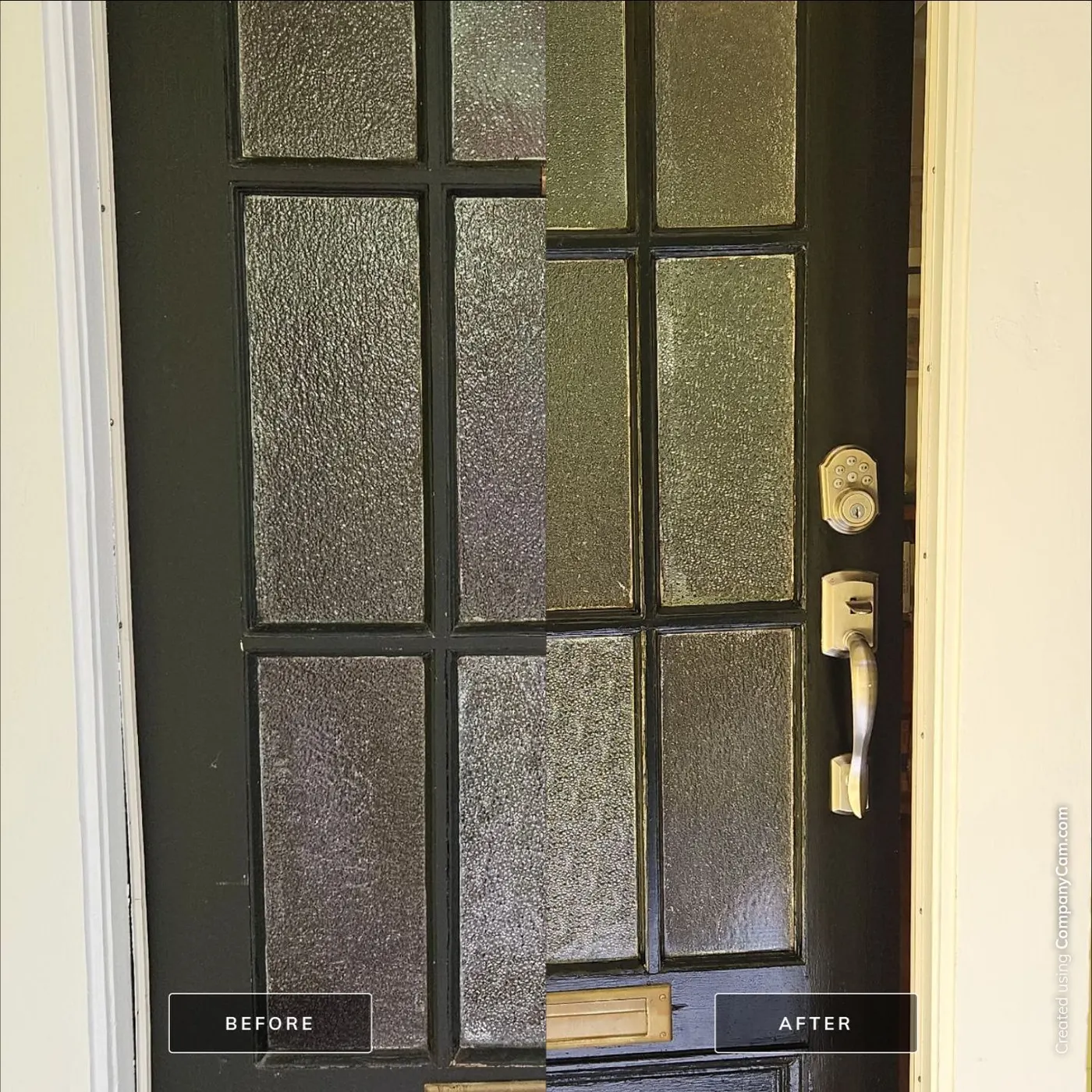Before and after comparison of a dark green front door on a Vancouver home, refreshed with new paint and hardware by Renaissance Painting.
