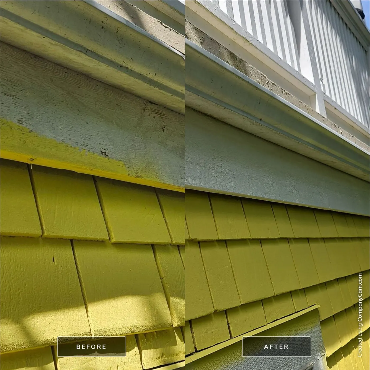 Before and after comparison of weathered gray trim and shingle siding transformed into fresh green-yellow paint on a Vancouver, BC home exterior.