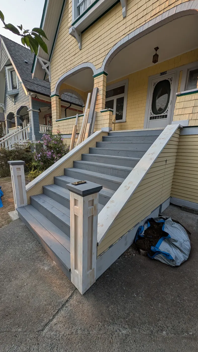 Freshly painted gray wood staircase with white trim leading to a yellow Vancouver character home's front porch
