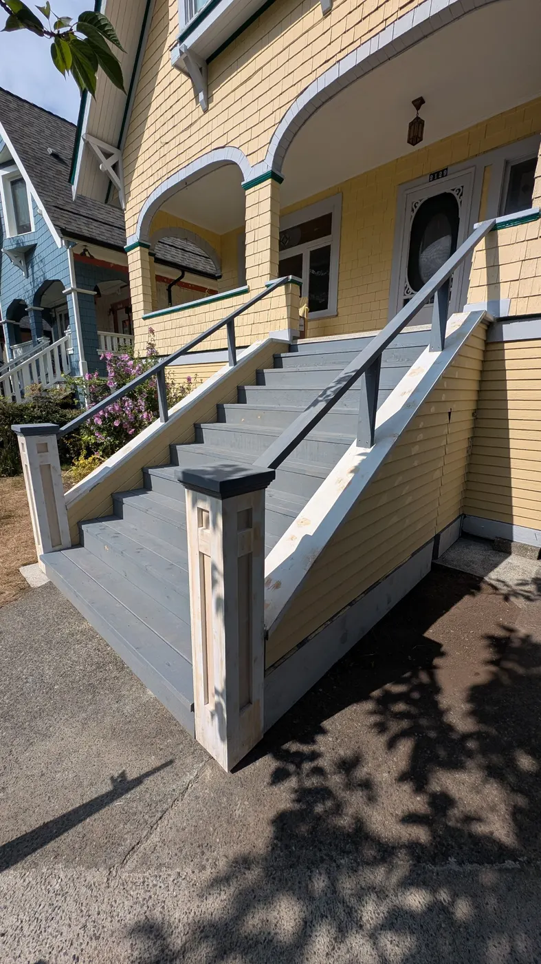 Completed gray-painted wood staircase with white railings and posts, viewed from the front walkway of a Vancouver home