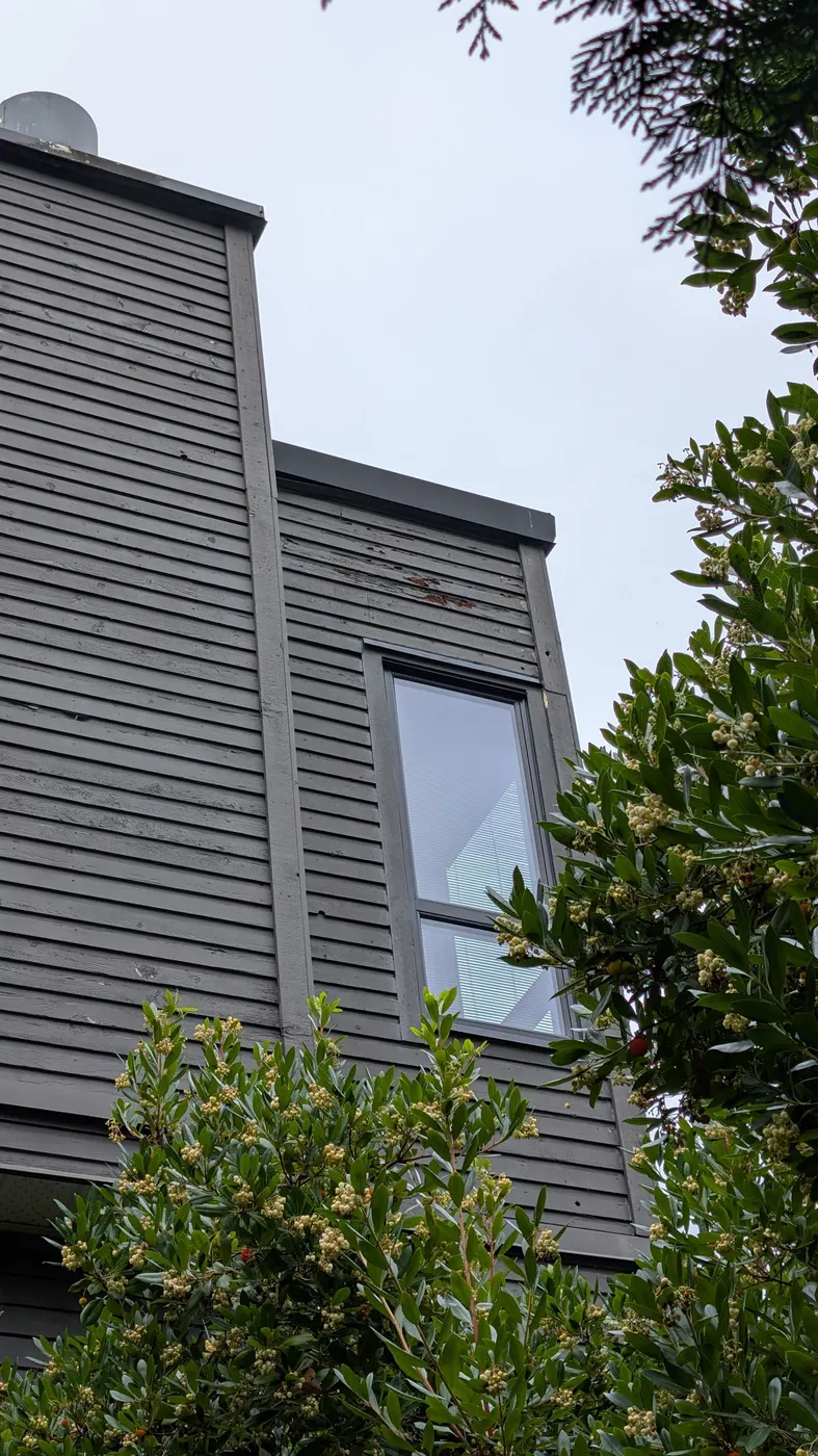 Exterior wood siding with peeling paint near the roofline above a window at a Vancouver strata condo building.