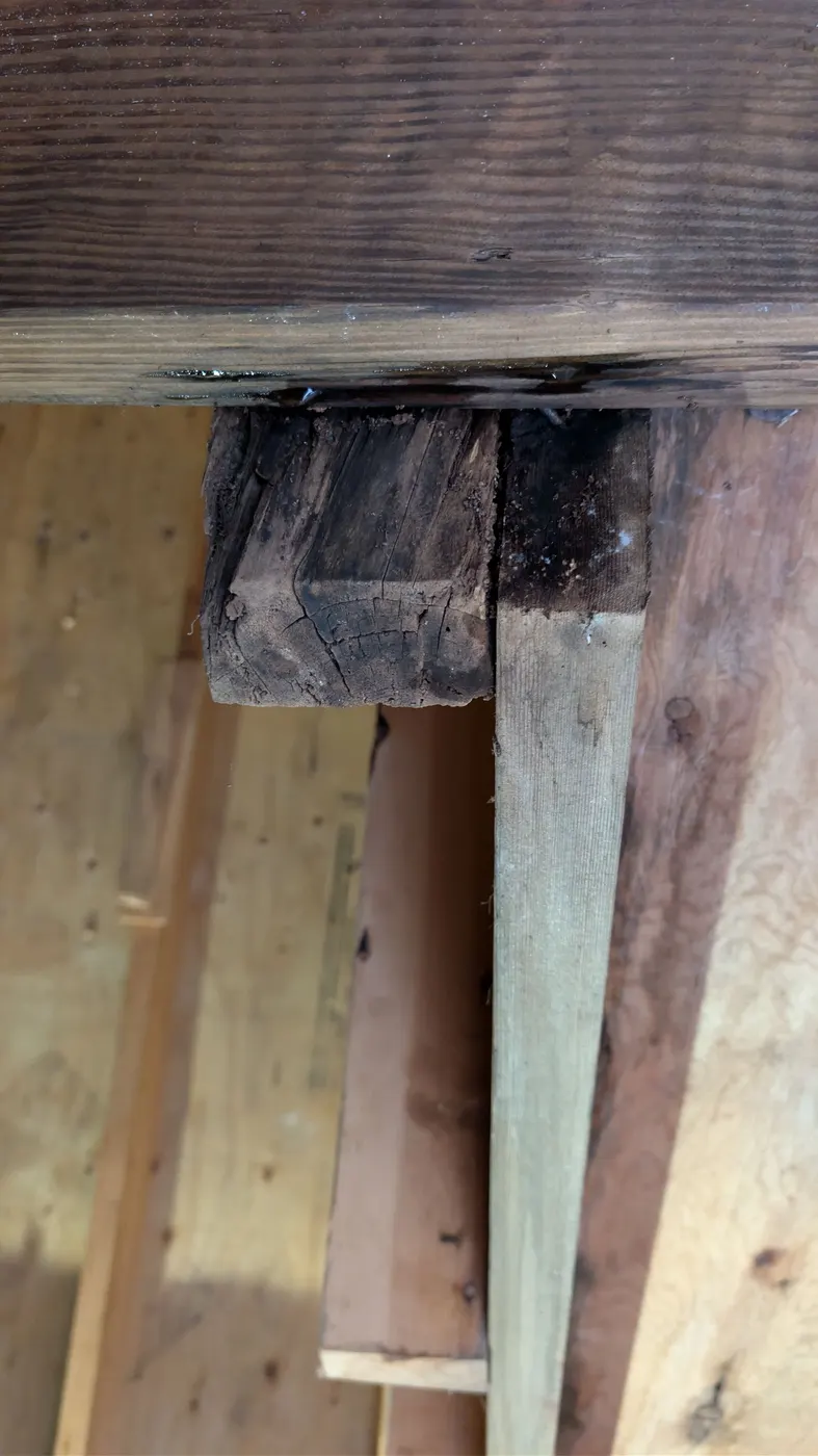 Close-up of a severely rotted wood support post discovered during a carpentry inspection at a Vancouver, BC home.