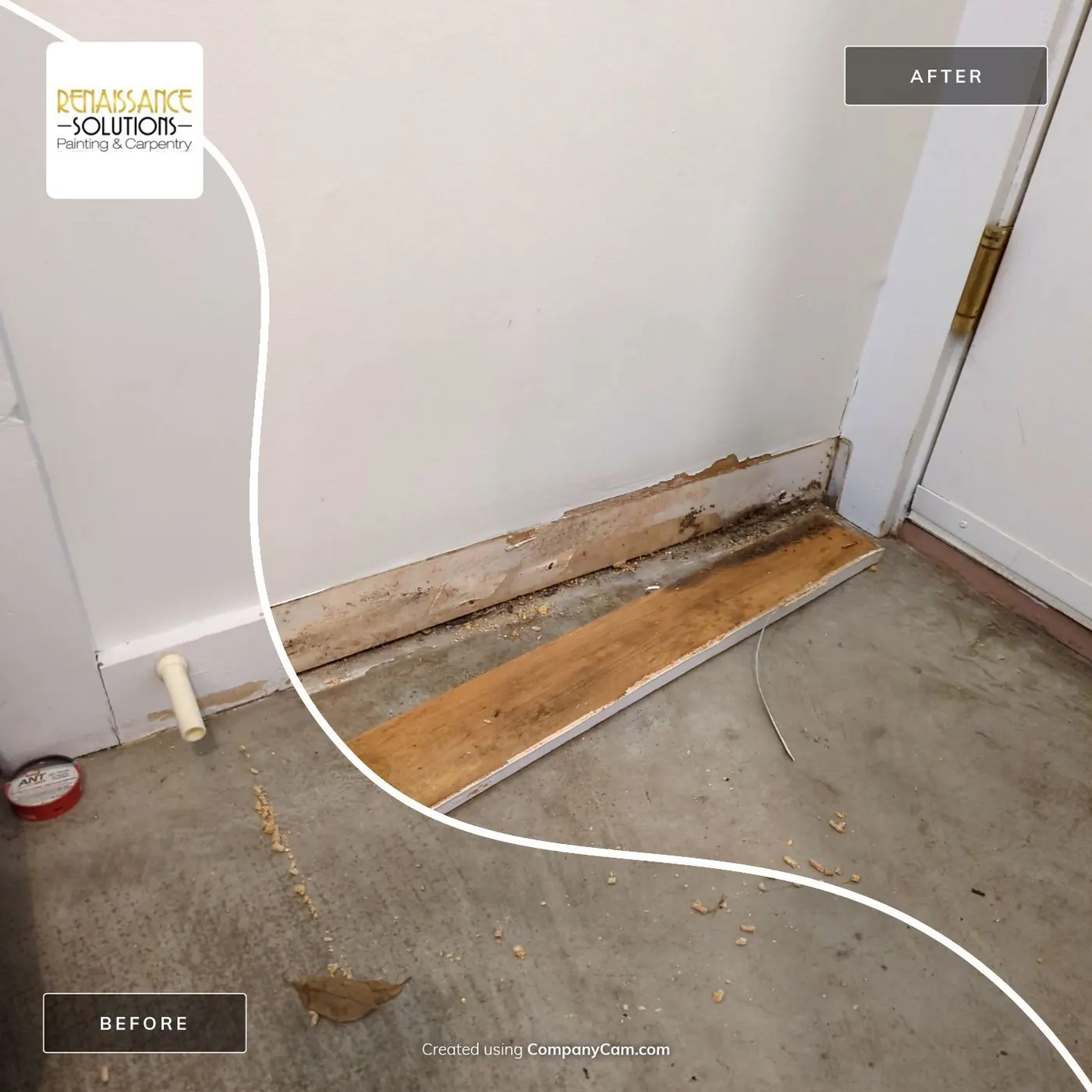 Before and after photo of a repaired and reinstalled baseboard trim in a Vancouver home.