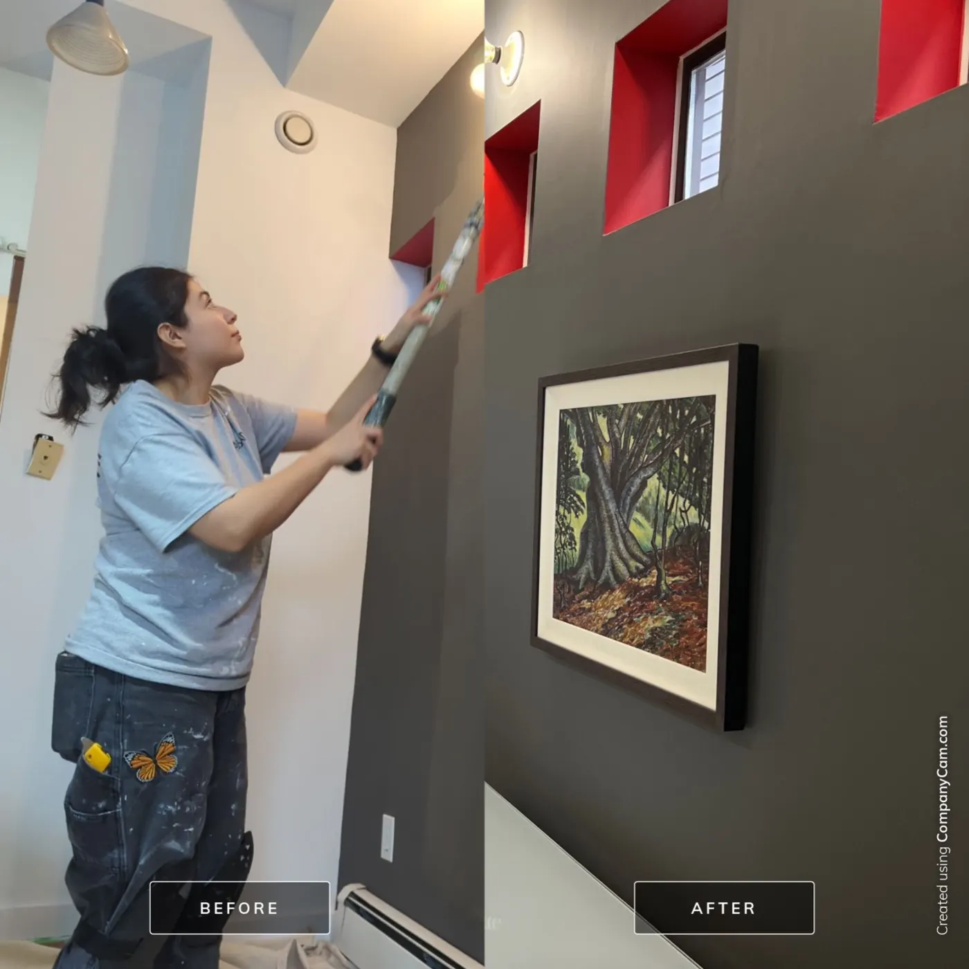 Painter cutting in a dark charcoal accent wall in a Vancouver home, before and after view.
