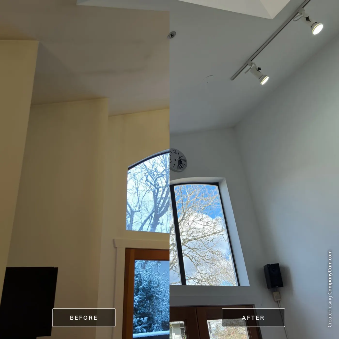 Before and after photo of a tall Vancouver entryway repainted from beige to soft blue-grey.