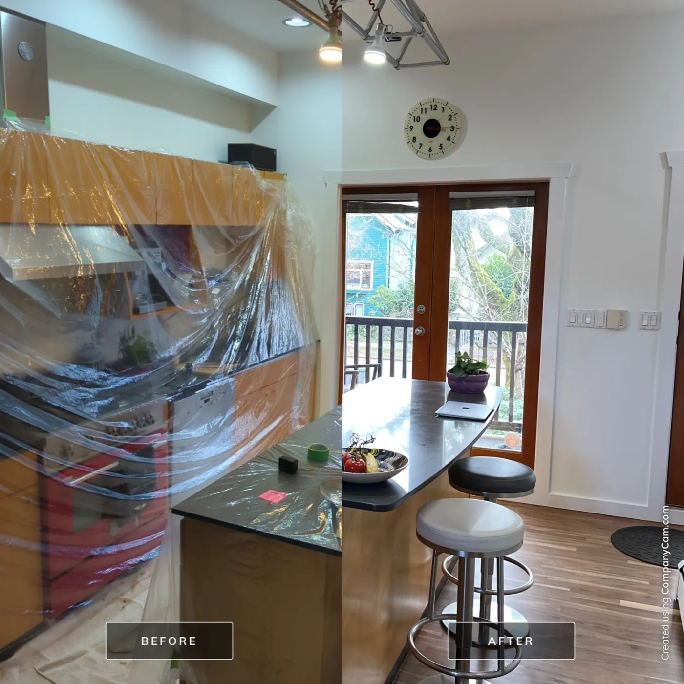 Before and after photo of a Vancouver kitchen after painting and cleanup, protective sheeting removed.