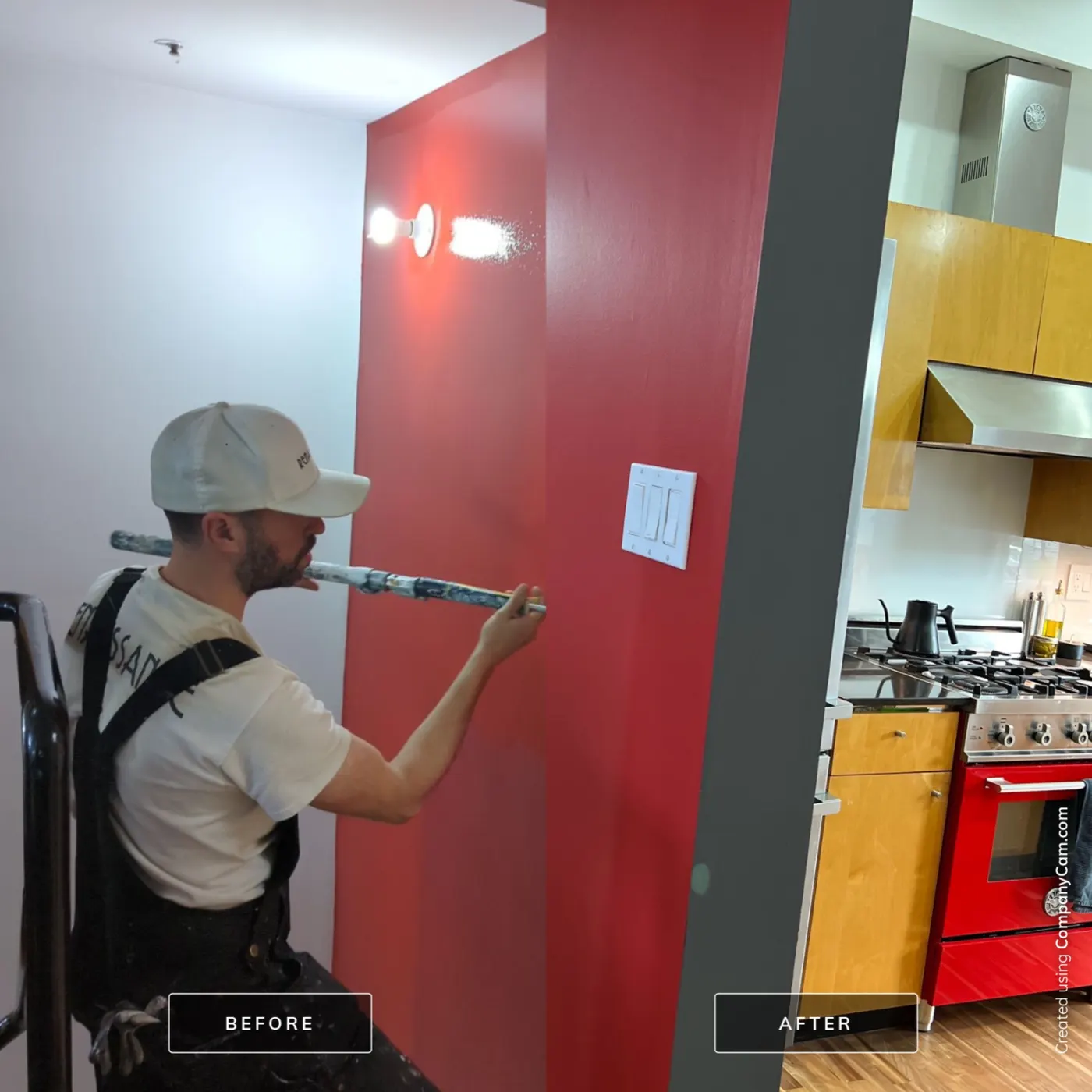 Painter rolling a red accent wall next to a Vancouver kitchen, shown before and after.