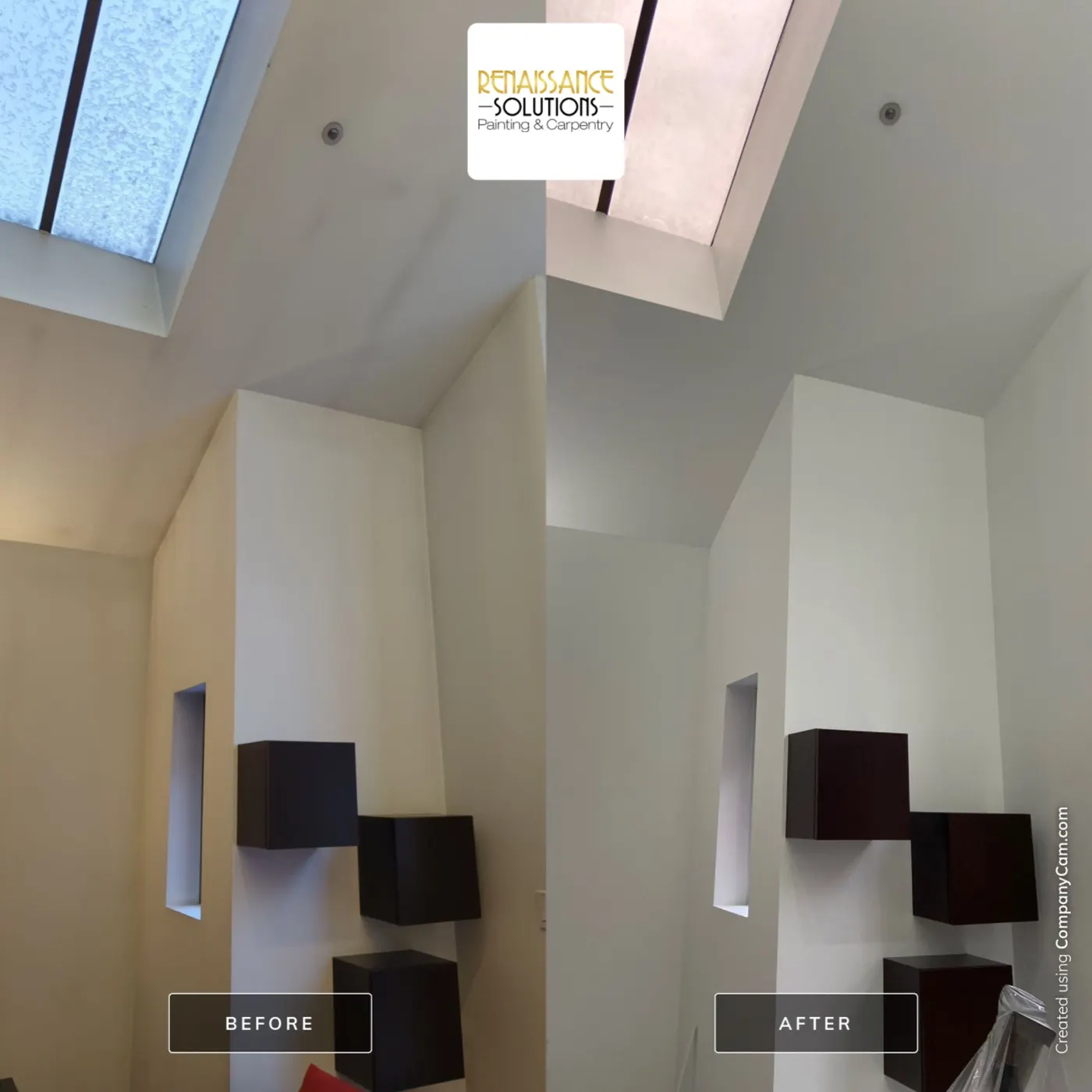 Before and after photo of a repainted vaulted ceiling nook in a Vancouver home.