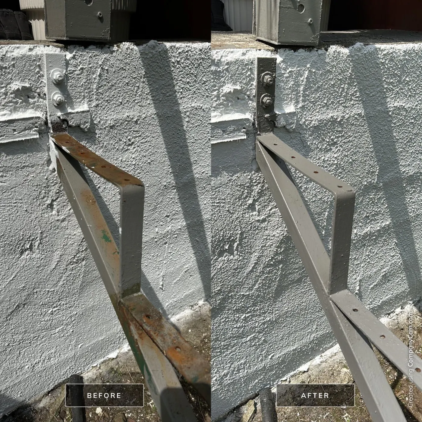 Before and after photo of a rusted deck support bracket repainted grey in Vancouver, BC