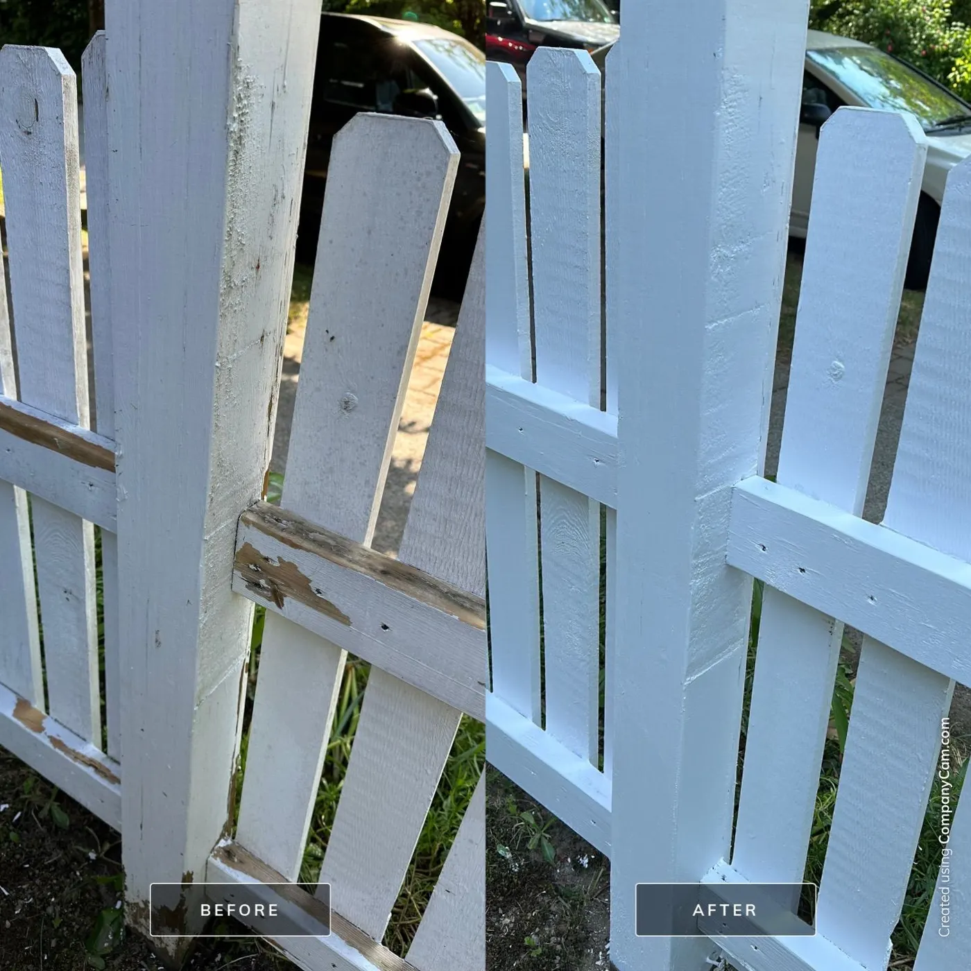Before and after comparison of a picket fence gate repainted white in Vancouver, BC