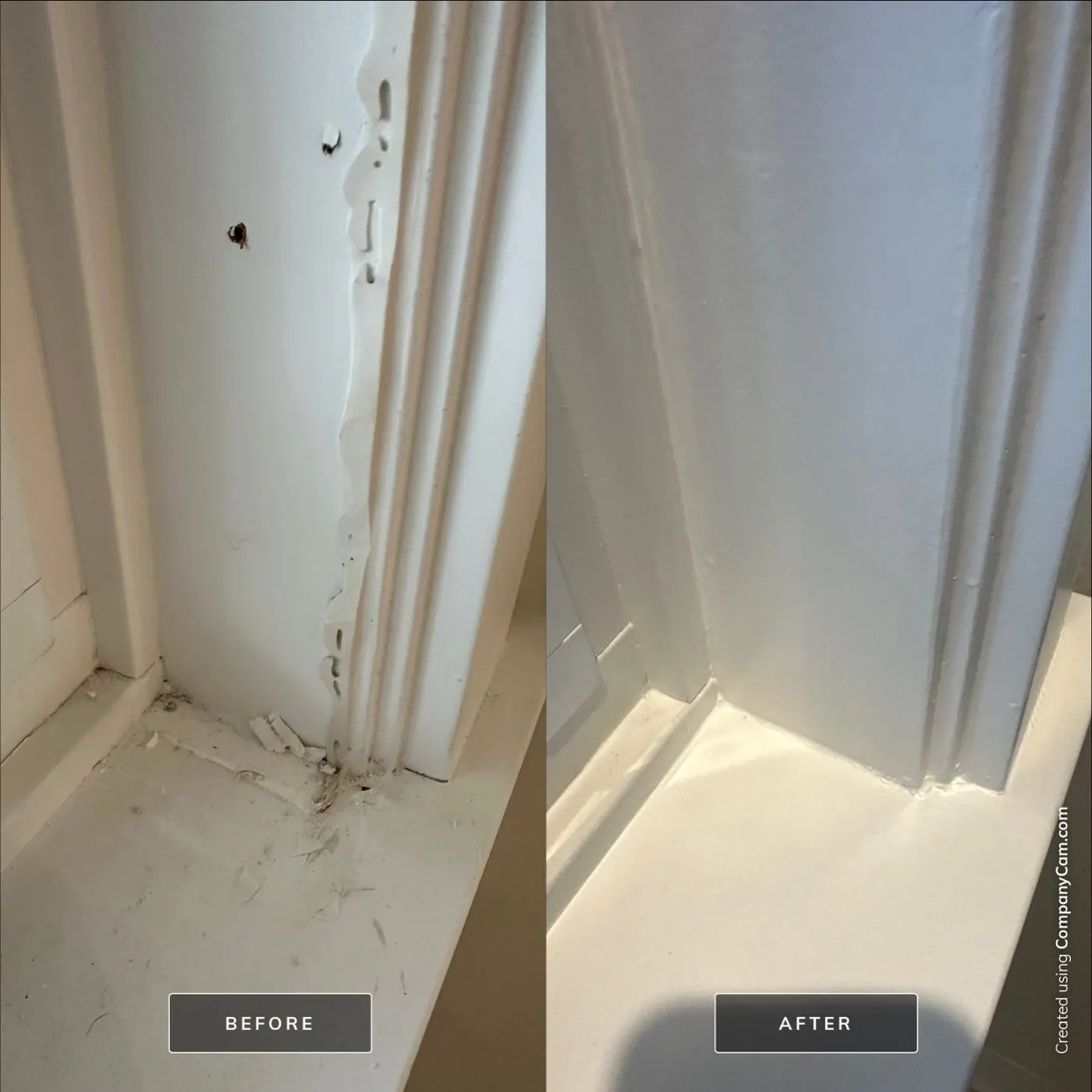 Before and after photo of a cracked window casing repaired and repainted in a Vancouver, BC home.
