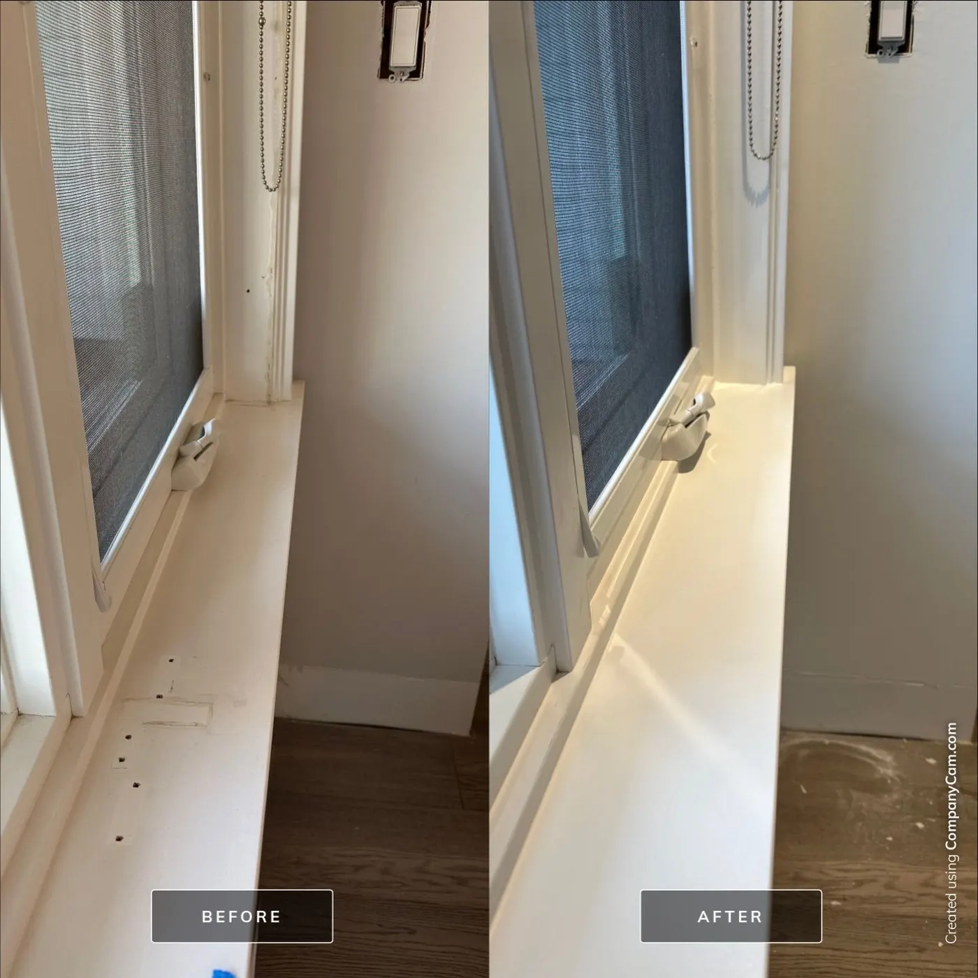 Before and after photo of a window sill and screen frame repaired and painted in a Vancouver, BC renovation.